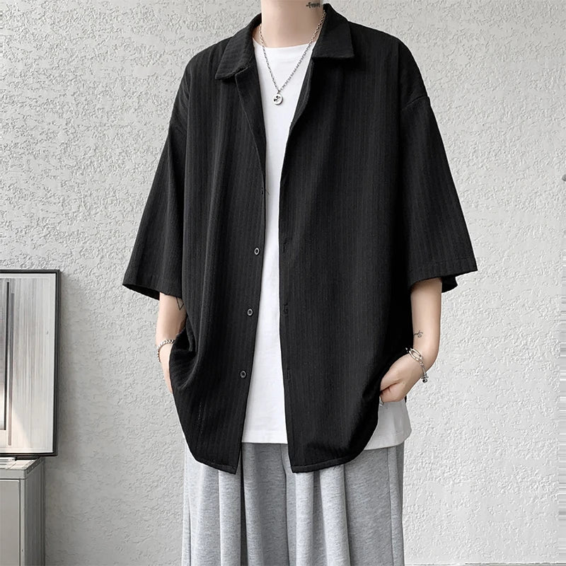 LEGIBLE Spring Summer Solid Shirts Men Casual Oversized Three Quarter Shirts Male Loose Fit Shirt for Man