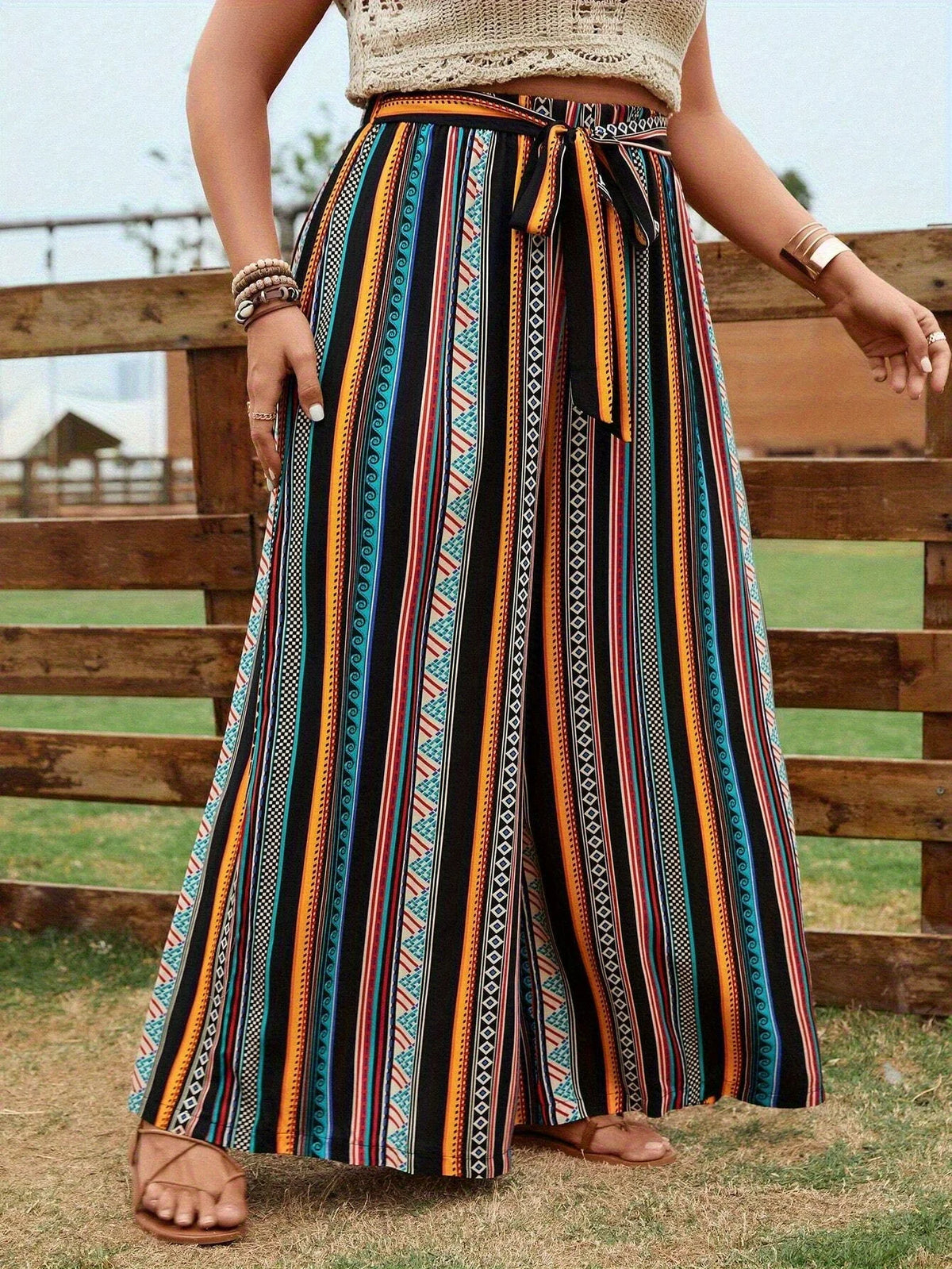 Women's Plus-Size Belted Wide-Leg Trousers with Stylish Striped Print – Casual Vacation Wear for Spring, Summer, and Autumn