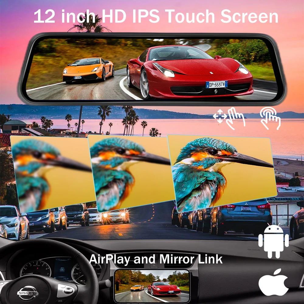 Aprilboy 10'' 4K Mirror Dash Cam Dual Camera with Wireless Carplay Android Auto Parking Assistance Loop Recording Navigation