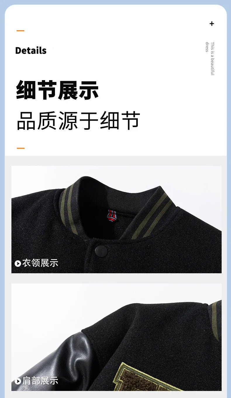 Vintage Letter Embroidered Baseball Jacket Cotton Coat Men's Winter Leather Sleeve Patchwork Woolen Thicken Overcoat