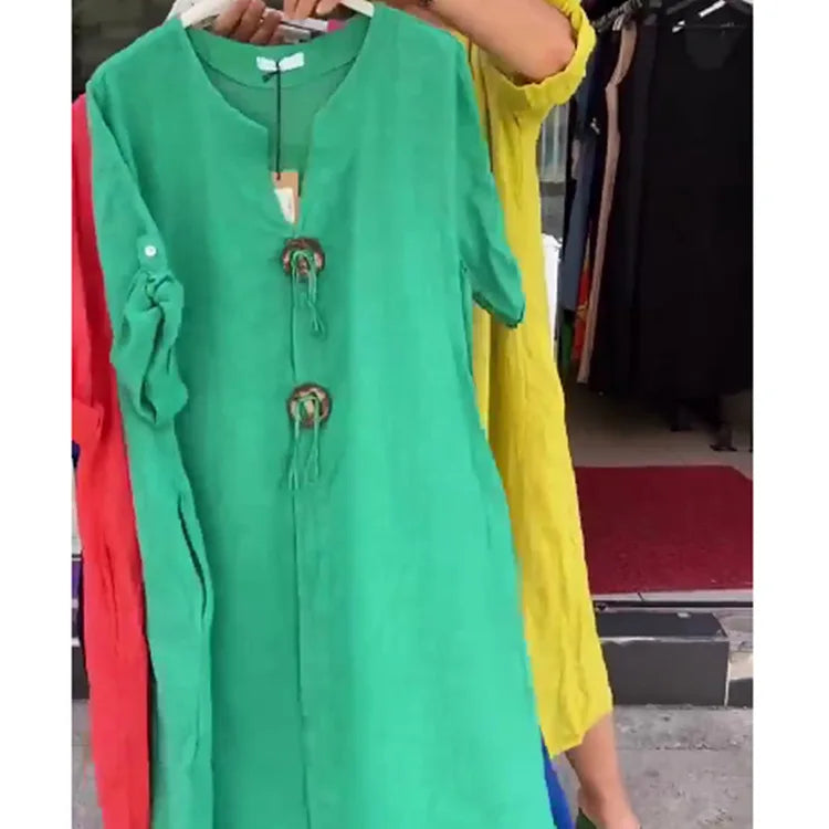 2025 Autumn Solid Maxi Dresses For Women Casual Loose Long Sleeve V Neck Button Streetwear Vacation Basic Dress Vestido Elegante