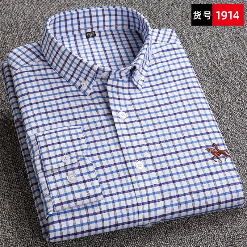 100% Pure Cotton Men's Long Sleeve Shirt Business Casual Solid Color Embroidered Oxford Spun Shirt
