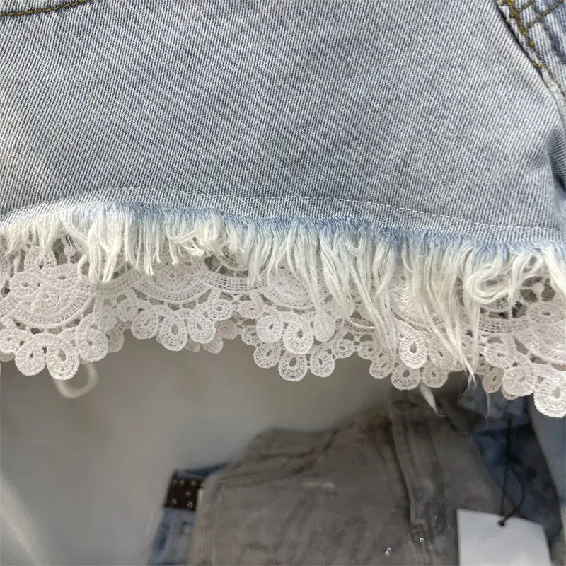 Light Blue Denim Shorts For Women High Waisted Raw Hem Lace Patchwork Petite Shorts Summer Casual Slim Fit Hot Pants