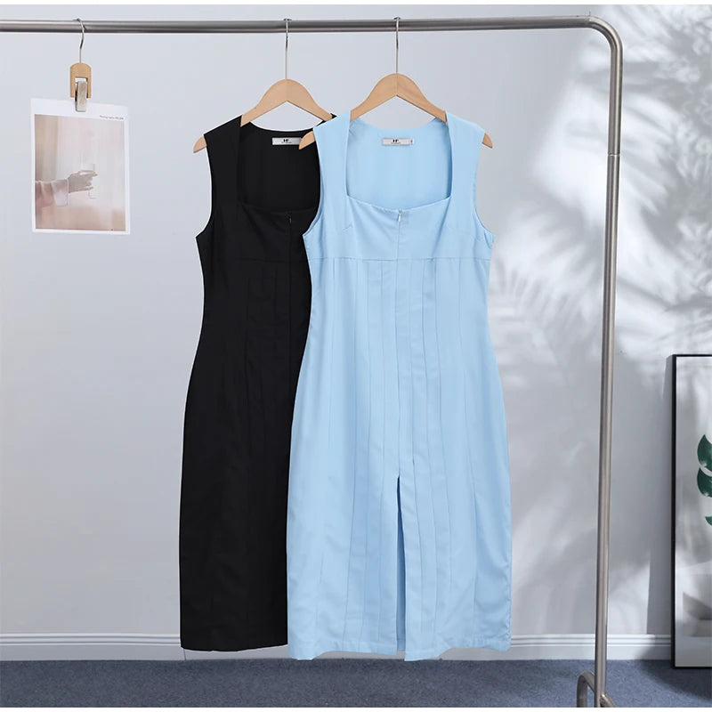 Sexy Party Women's Solid Dress Fashion Zippers Sleeveless Split Empire Female Dresses 2026 Summer New Hip Package Lady Robe