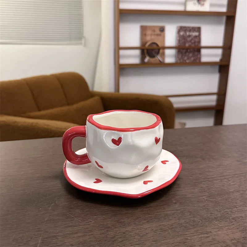 ins style retro flower ceramic cups and saucers, hand-squeezed irregular coffee cups and saucers, afternoon tea cups and saucers