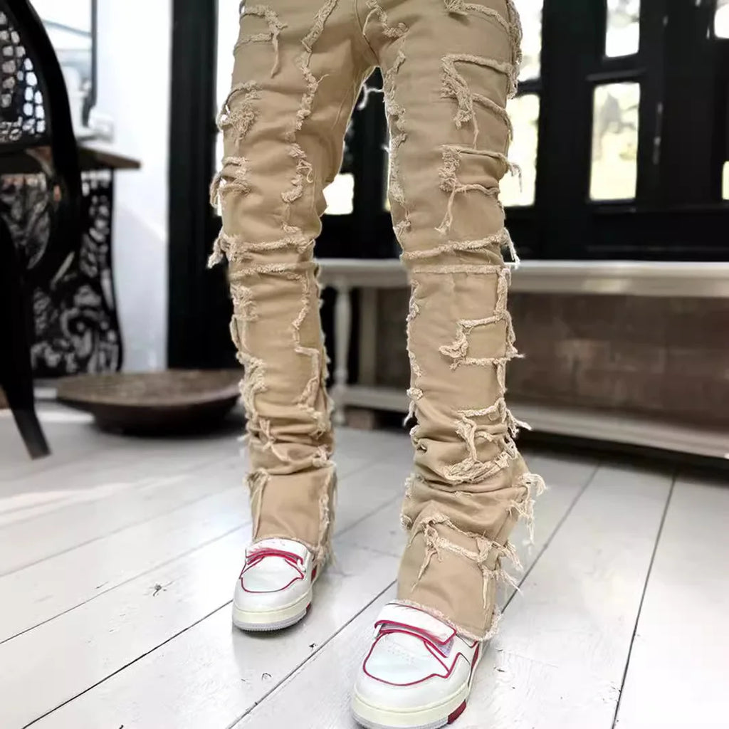2026 New Men's Denim Straight-Leg Pants, European and American Street Fashion Ins Stretch Patch Denim Straight-Leg Pants