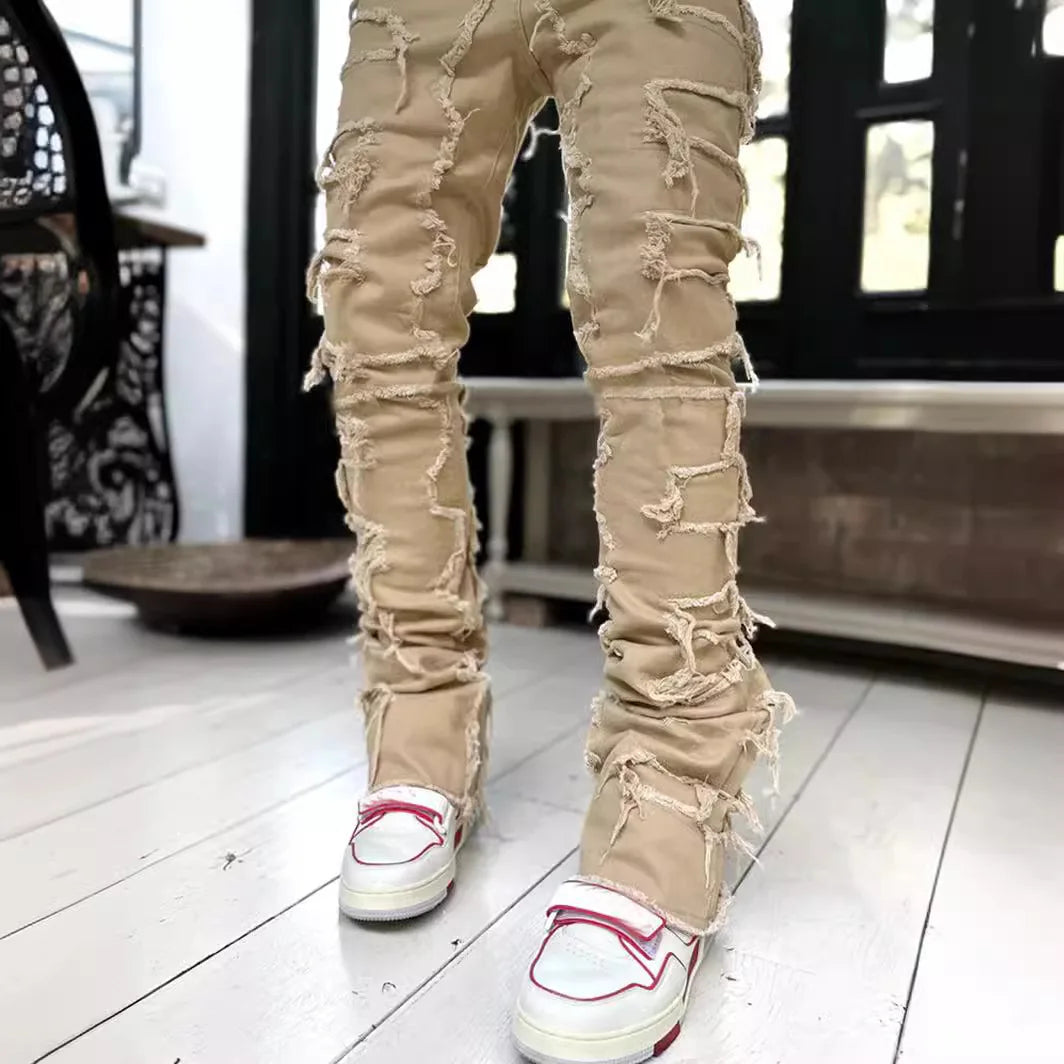 2026 New Men's Denim Straight-Leg Pants, European and American Street Fashion Ins Stretch Patch Denim Straight-Leg Pants
