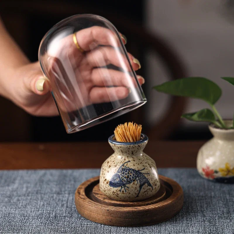 Japanese Retro Toothpick Box Home Toothpick Cotton Swabs Jar Ceramic Pot Glass Dust Cover Modern Exquisite Decoration Modern