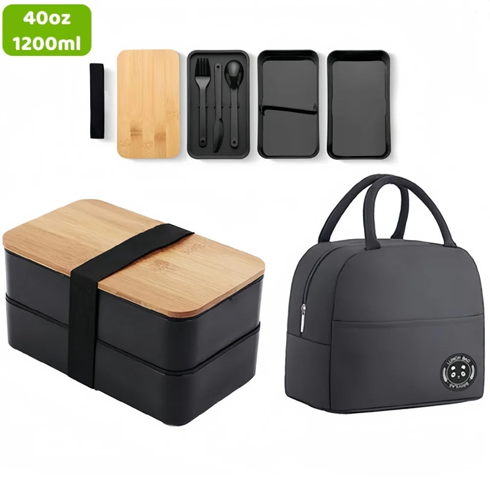 Adult Bento Lunch Box, 2-Tier Food Storage Container Set with Cutlery for Kids/children, Crisper Microwave and Dishwasher Safe