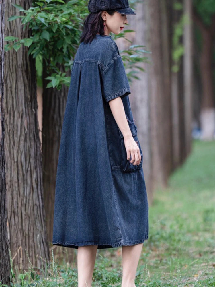Amax LuluE Spring Womens Fashion Korean Design Denim Dress 2026 Vintage Loose Patchwork Vestidos Females Casual Classic Clothes