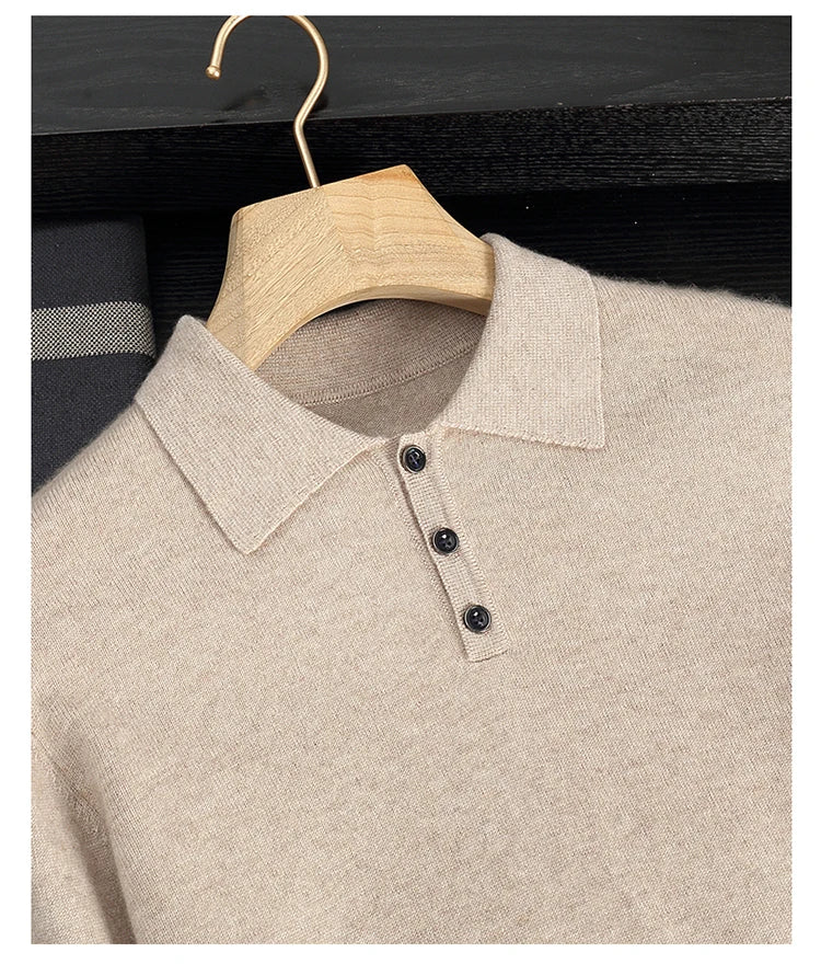 Autumn/Winter Men's 100% Cashmere Pullover Business Casual Solid Knitted Sweater Loose POLO Collar Tops Basic Thick Warm Jumper