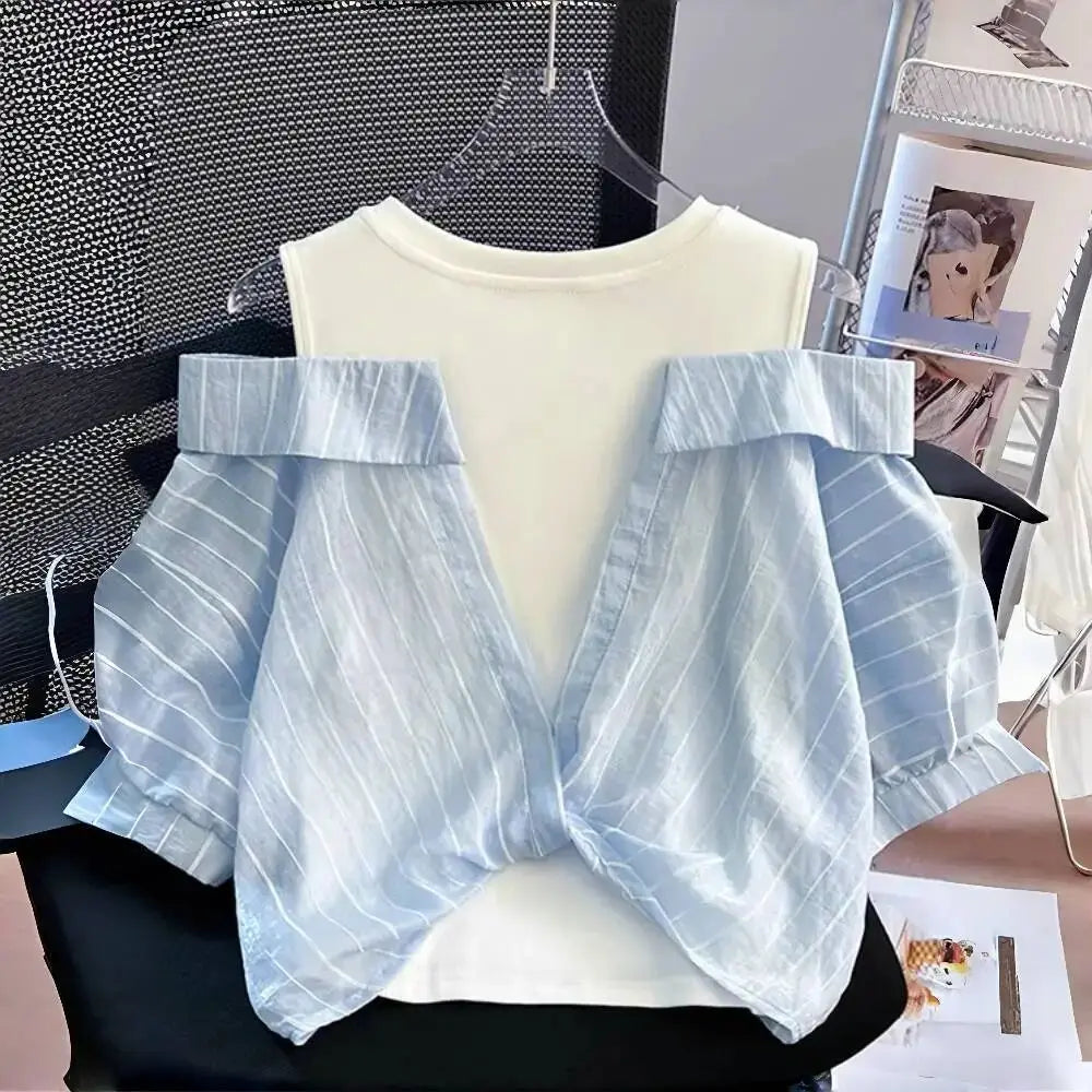Girls' Western Style Loose Fitting Shirt 2026 New Children's Off Shoulder Top T-Shirt Fake Two-Piece Top