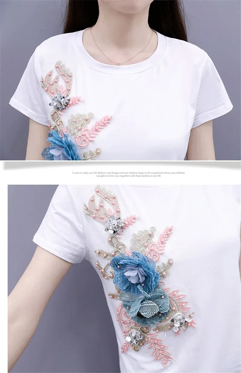 Two-Piece Suit 2025 Summer New Women Denim Pants Beading Embroidery Tshirt Tops+ High Waist Hole Jeans Female Casual Outfits