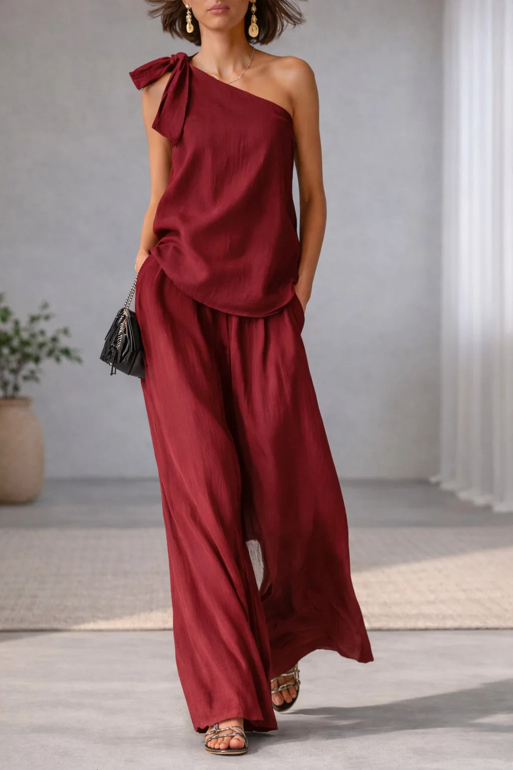 Women's 2 Piece Set 2026 Summer Sexy One Shoulder Tie Knot Top And Wide Leg Pants Suit Casual Loose Summer Beach Vacation Outfit