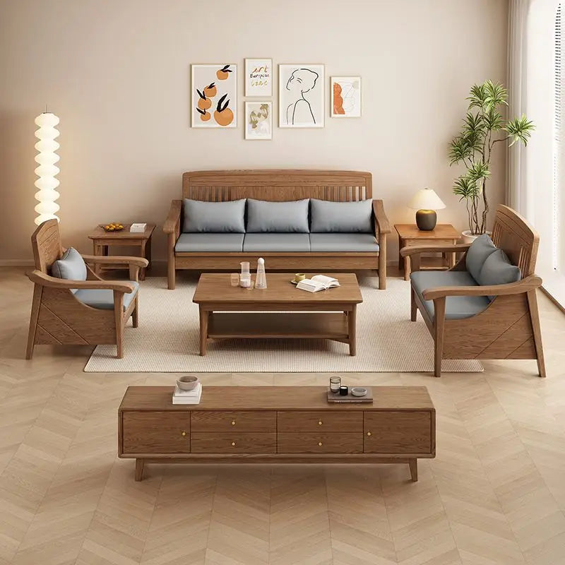 SA-12 Log Color Ash Wood Sofa All Solid Wood Sofa Combination Household Wooden Furniture