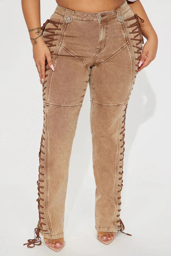 Europe America New Fashionable Women's Straight-leg High-waisted Jeans, Featuring Lace-up Straps and Drawstrings for Hot Girls