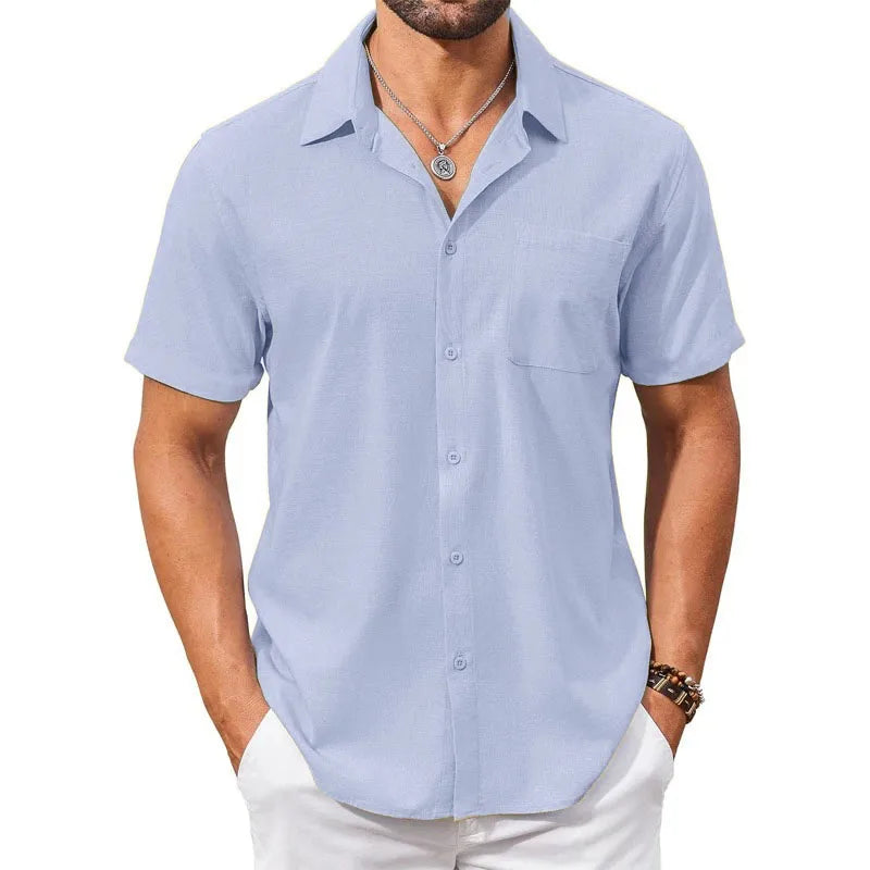Cotton Linen Breathable Shirt for Men Solid Color Turn Down Collar Male Stylish Summer Short Sleeve Shirts Fashion Clothing