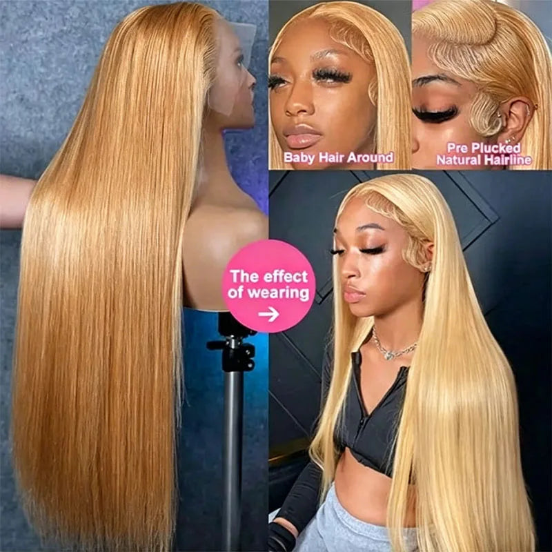200 Density 27 Honey Blonde HD Lace Frontal Human Hair Wig 13x4 HD Transparent 30 Inch Straight Hair Lace Front Wig Pre-Plucked Pre-Trimmed Lace Frontal Wig