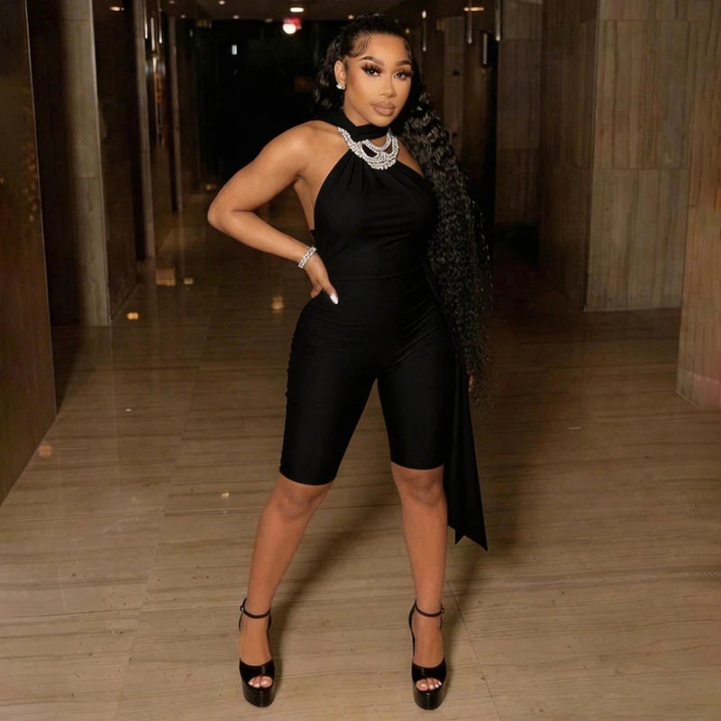 Women Fashion Overalls Playsuits Beach Vacation Clubwear Sexy Backless Ruched Halter Neck Tie Solid Slim Fit Capris Jumpsuit