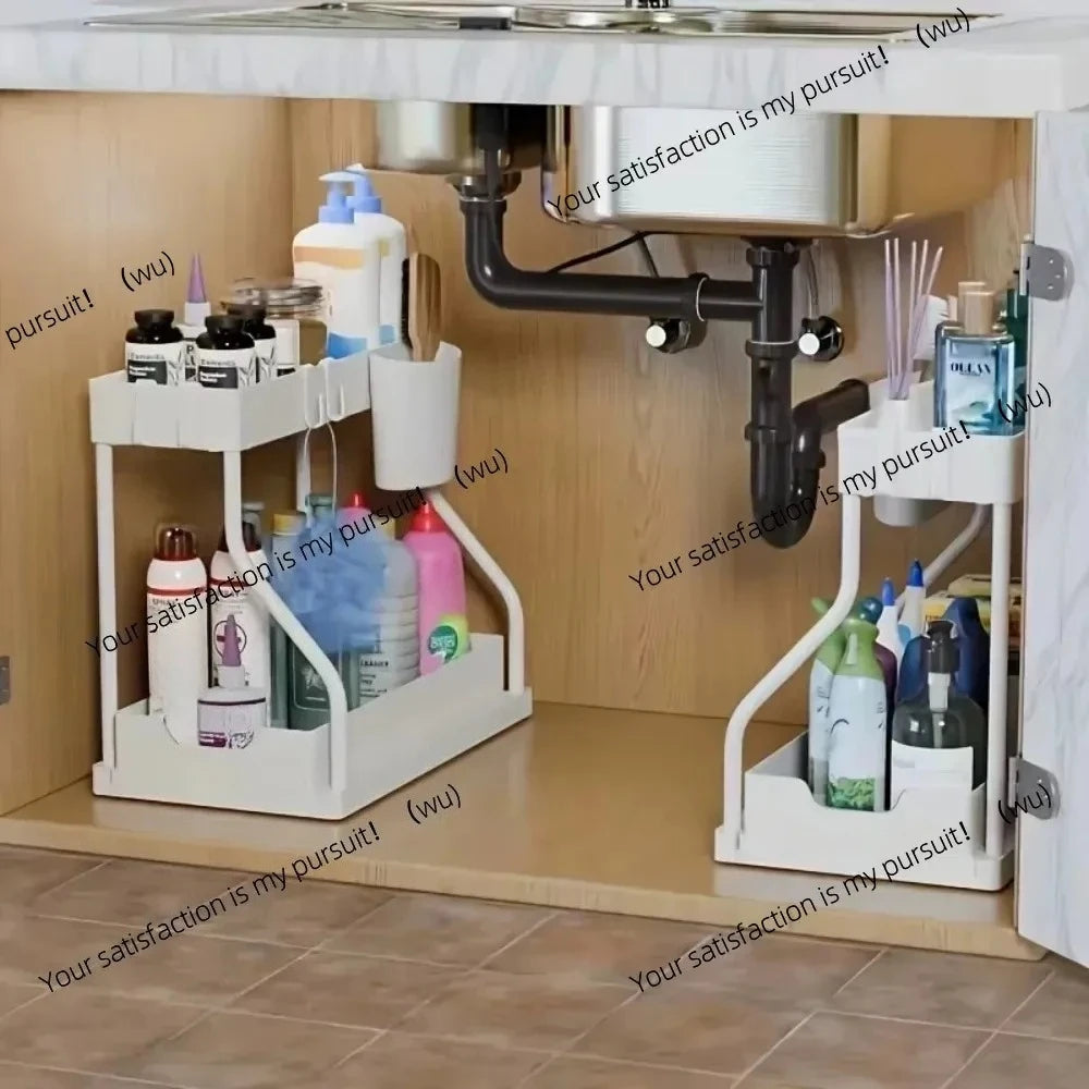 2 Tier Slide Out Under Sink Organizer with Hooks Large Capacity Space Saving Storage Rack for Kitchen Bathroom Cabinet Durable