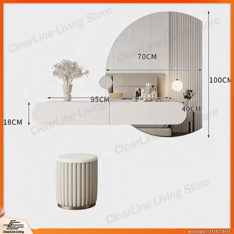 Cream Minimalist Wall Mounted Dressing Table with Mirror Suspended Vanity Desk for Bedroom Small Space Modern Makeup Table
