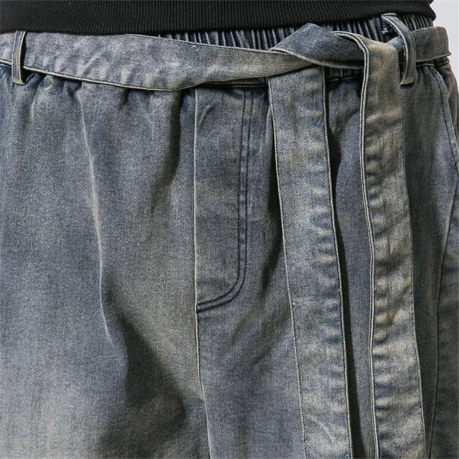 Vintage Denim Pants Men Streetwear Harajuku Jeans Belt Design Fashion Solid Color Jeans Elastic Waist Trousers Mens Clothes