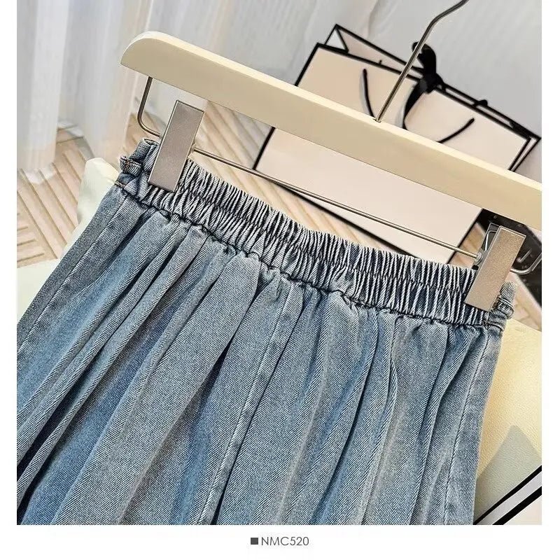Denim Skirts Women Mid Length Skirt A Line High Waist Slim Fit Pleated Casual Elegant Splice Y2k Streetwear Work 2026 Spring