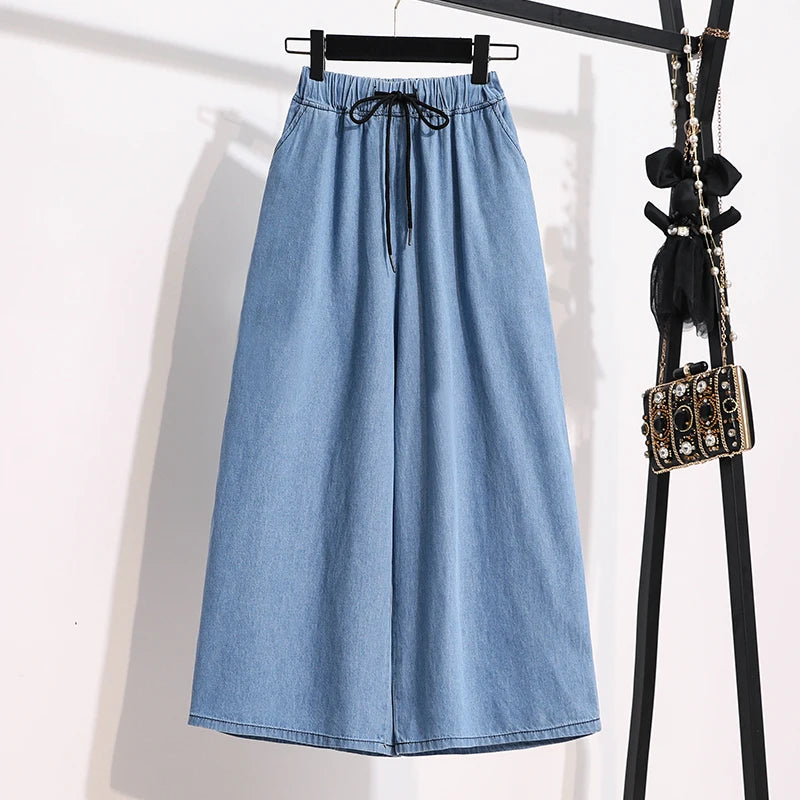 Loose Waist Dstring Denim Wide Leg Pants Women's plus Size Slimming Casual Straight Workwear Seven-Foot Pants Summer