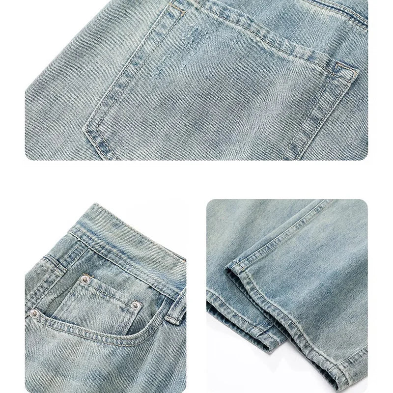 New Fashion Men Ripped Loose Straight Leg Jeans Male American Style Vintage Trend Streetwear Denim Pants Daily Casual Trousers