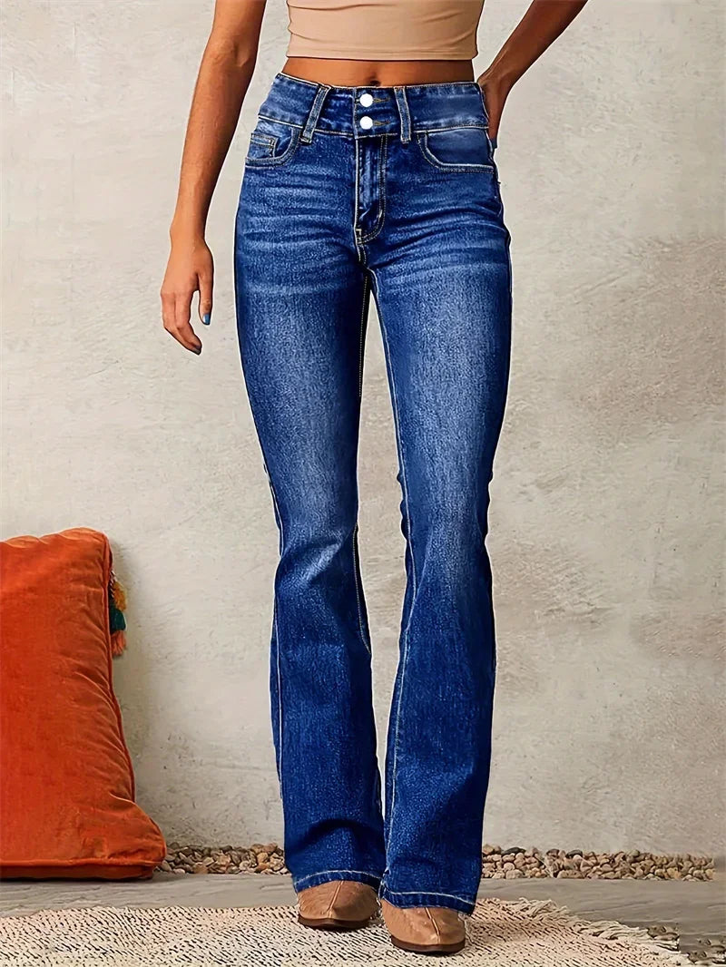 2025 Vintage Mid Waist Washed Stretch Jeans Women New Micro Flared Trousers Casual Commuter Female Denim Pants Trend Streetwear
