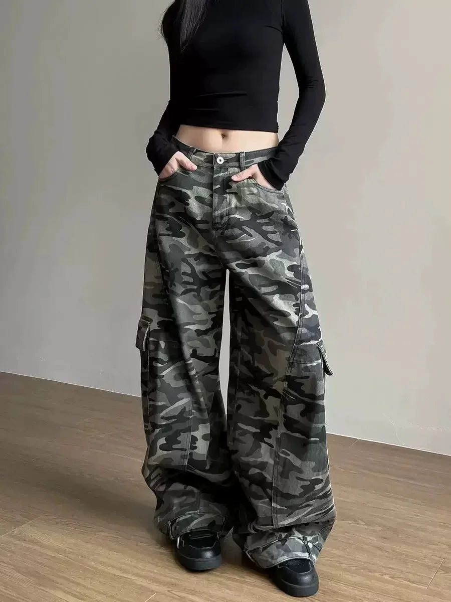 High Waist  Vintage Mutil Pockets Camouflage Jeans Women Hip Pop 2000s Baggy Y2K Denim Pants American Retro Wide Leg Trousers