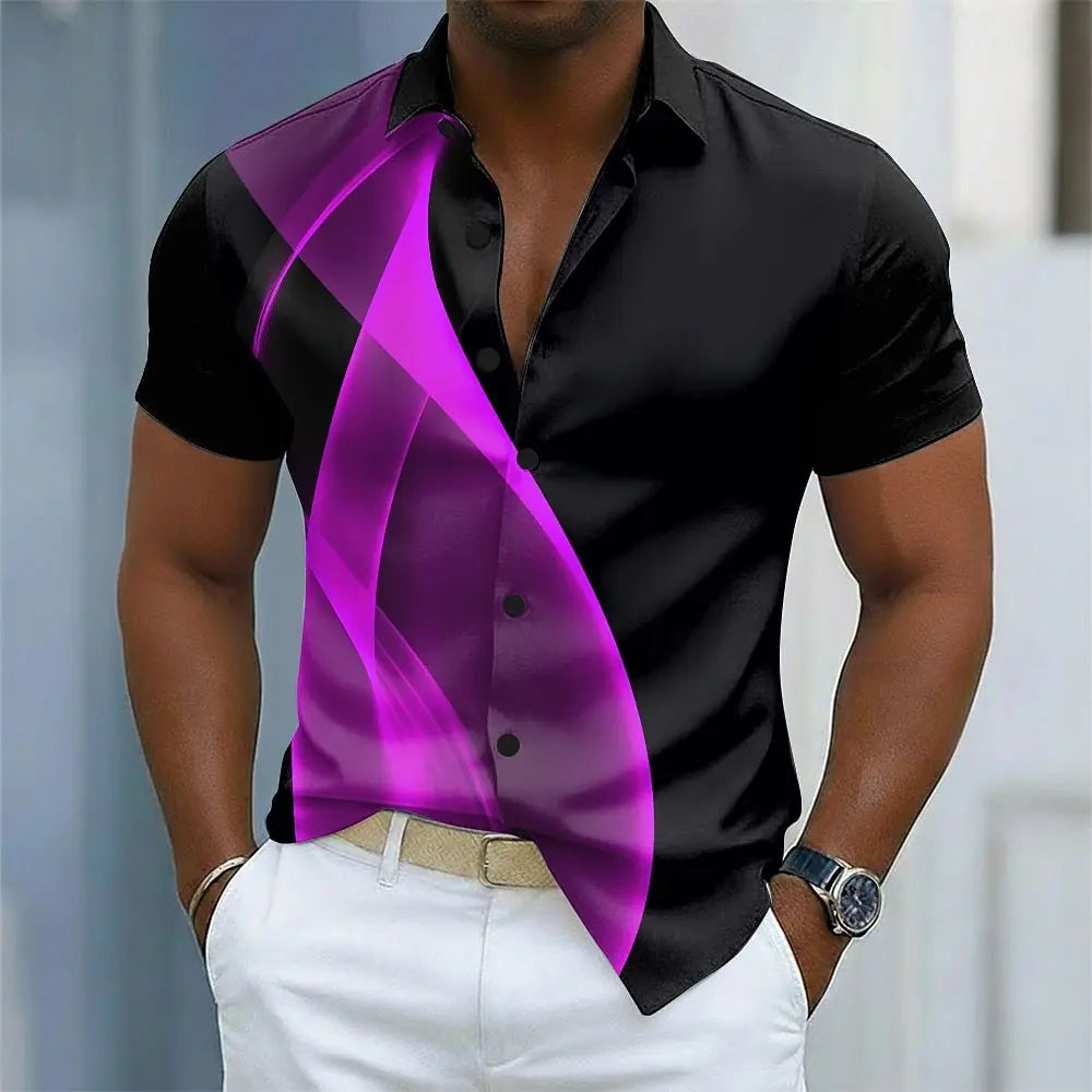 Men's Gradient Waves Abstract Shirt Button Up Short Sleeve 3D Print Turndown Shirt Blue Red Purple Green