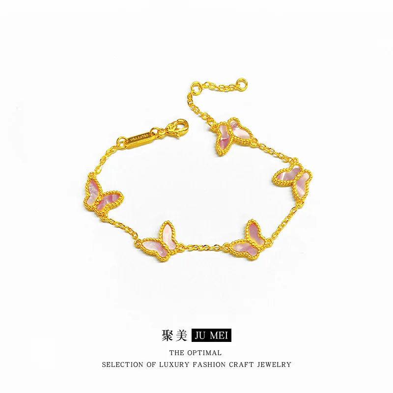 Light luxury high-end five butterfly bracelets 9999 24K real gold versatile ins style mother-shell pink women's bracelets