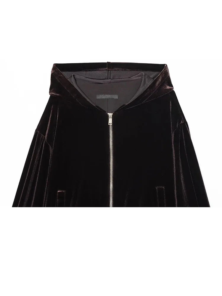 HH Woman Hooded Long Sleeves Zipper Velvet Jacket Drawstring Straight Wide Leg Pants Female Autumn Casual Loose Two Piece Set