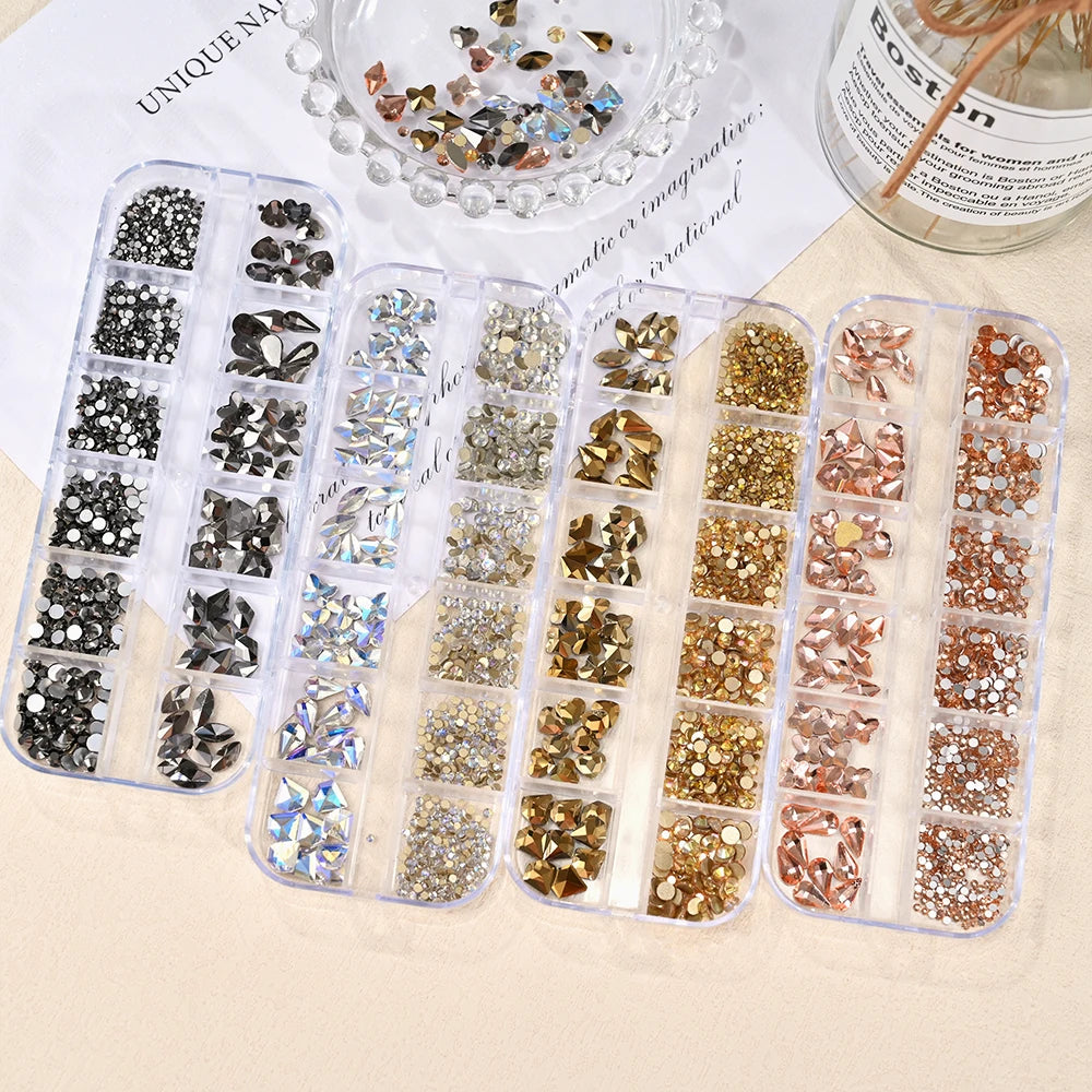 12Grids 3D Gold/Champagne Nail Art Rhinestones Mixed-Shapes Flat-Back Glass Diamonds Nails Charms Luxury DIY Manicure Decoration