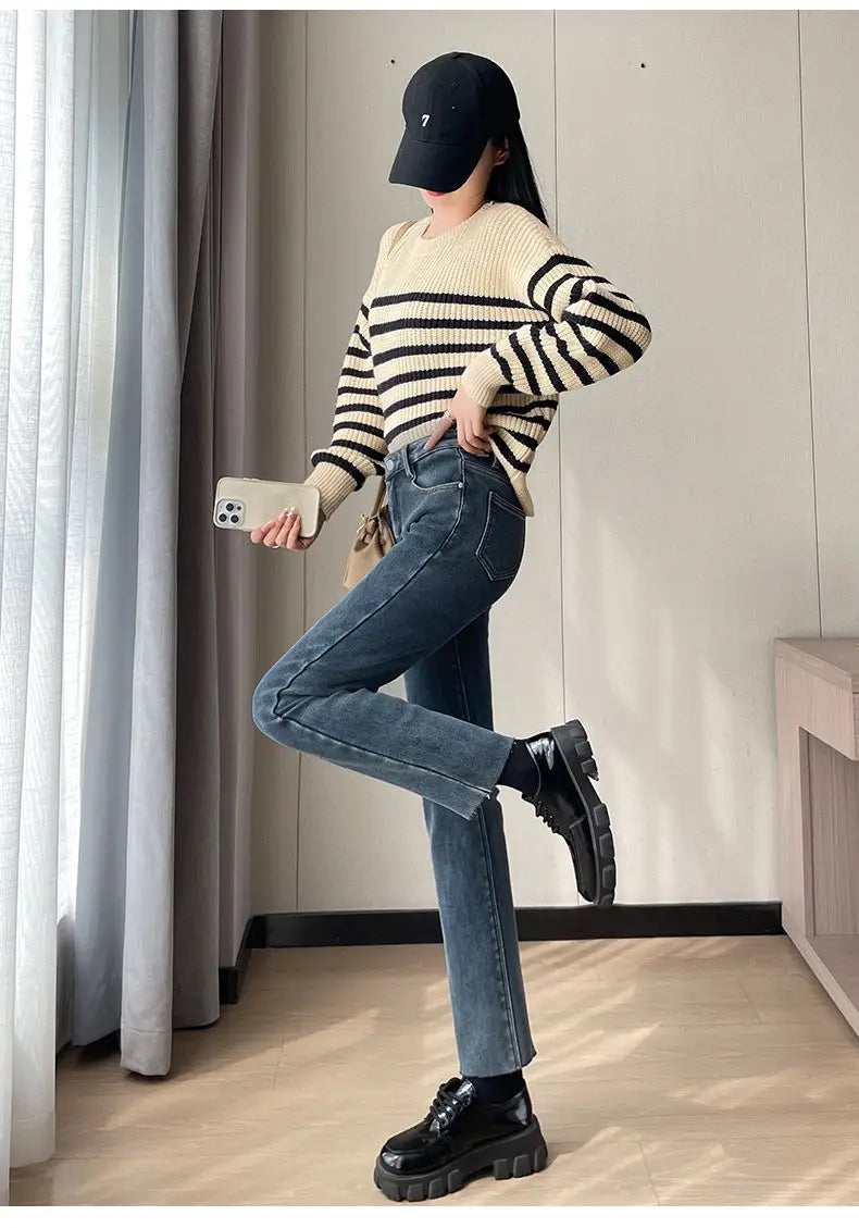 Womens Jeans Fleece Lined Thickened Winter Warm Straight Leg Loose Fit High Waist Slimming Trousers Y2k Clothes Y2k Jeans