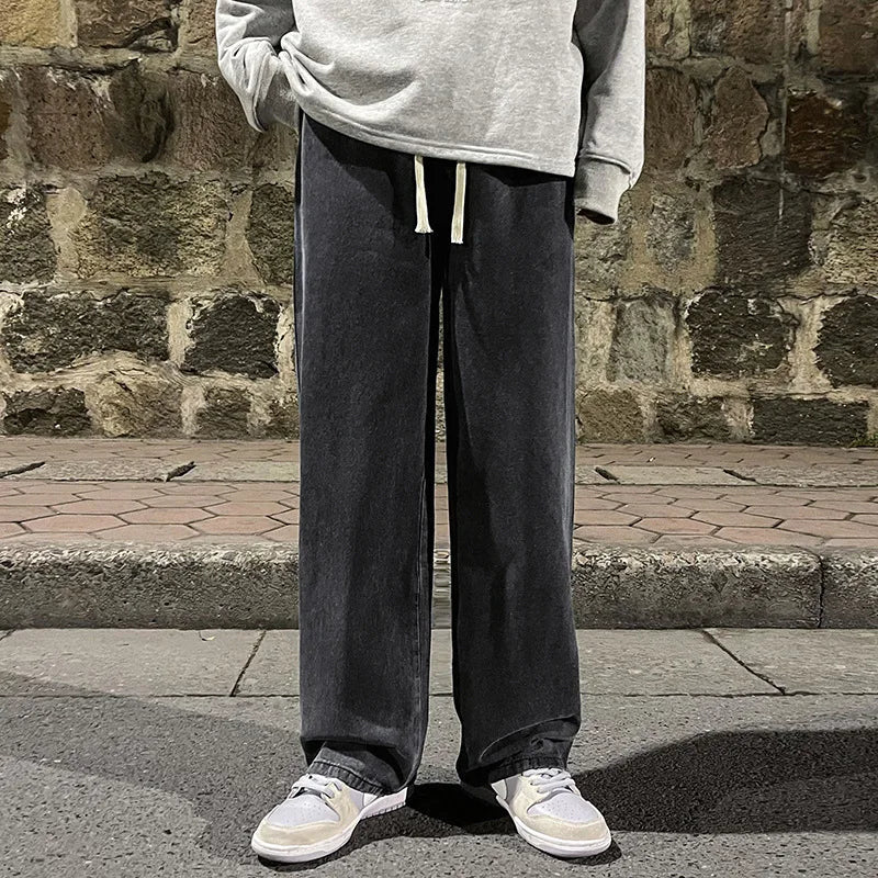 Fashion Men's Solid Color Drape Jeans Loose Straight Korean Vintage High Street Hip-hop Y2K Casual Daily Dragging Wide-leg Pants