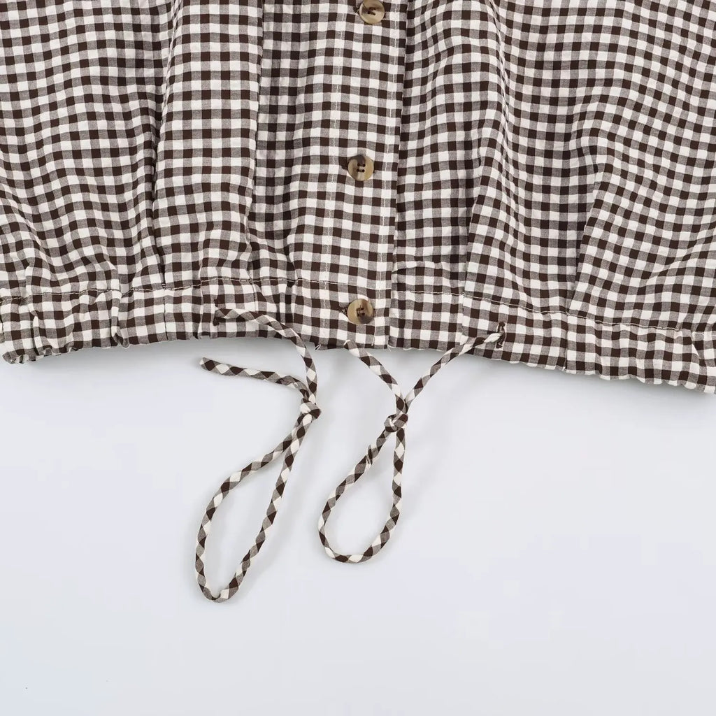 Women's Plaid Jacket, Vintage Gingham Check Coat, Stand Collar Long Sleeve Button Up Outerwear, Loose Casual Autumn Windbreaker