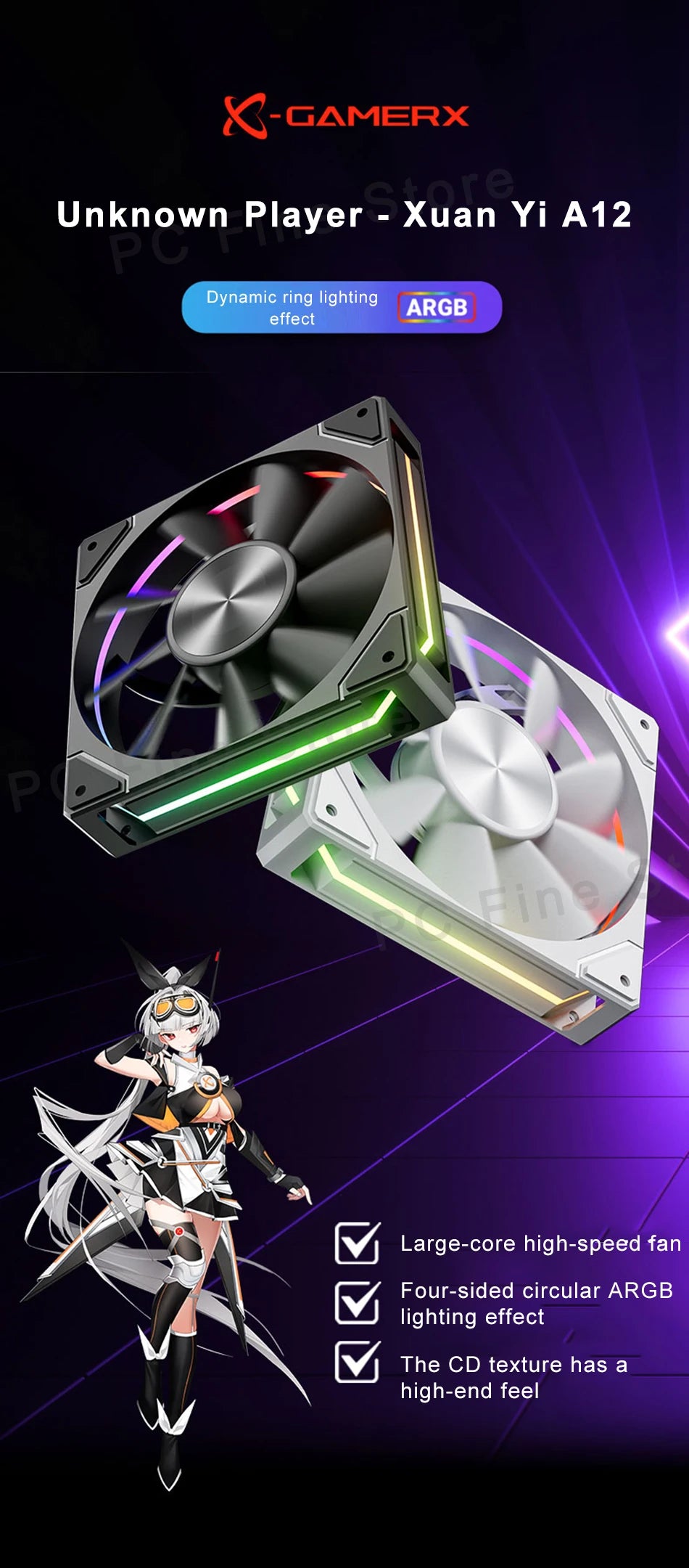 Power Train X-GAMERX PRISM 8RS ARGB Fan 800-1800RPM CPU Cooling Fan PWM Quiet Integrated Building Block Case Fan