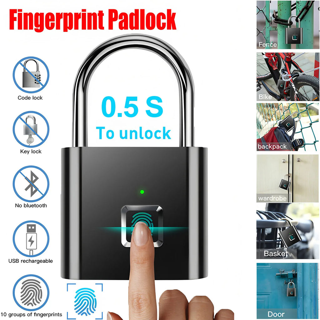 Keyless USB Charging Fingerprint Lock Smart Padlock Waterproof Door Lock 0.2sec Unlock Portable Anti-theft Padlock Zinc