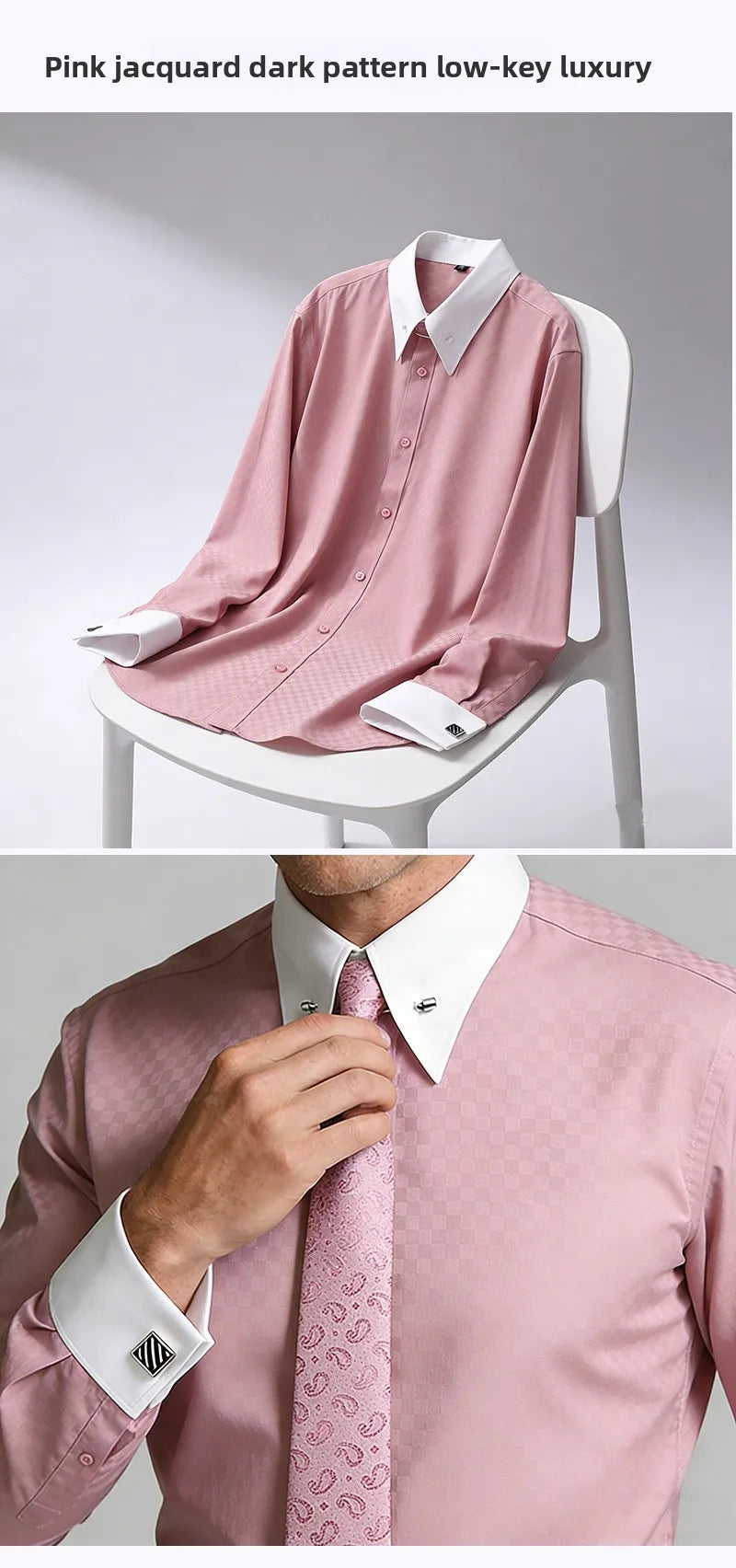 Embroidered French Cufflinks Men's Long-Sleeve Shirt with Collar Pins No tie Big Collar Dress Shirt for Business Formal Gentlema