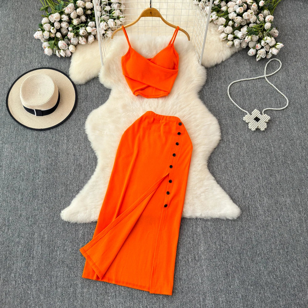Sexy two Pieces Sets Chic Elegant  v neck slip camis with High Waist Hip Wrap Single Breasted split summer sweet Full Skir