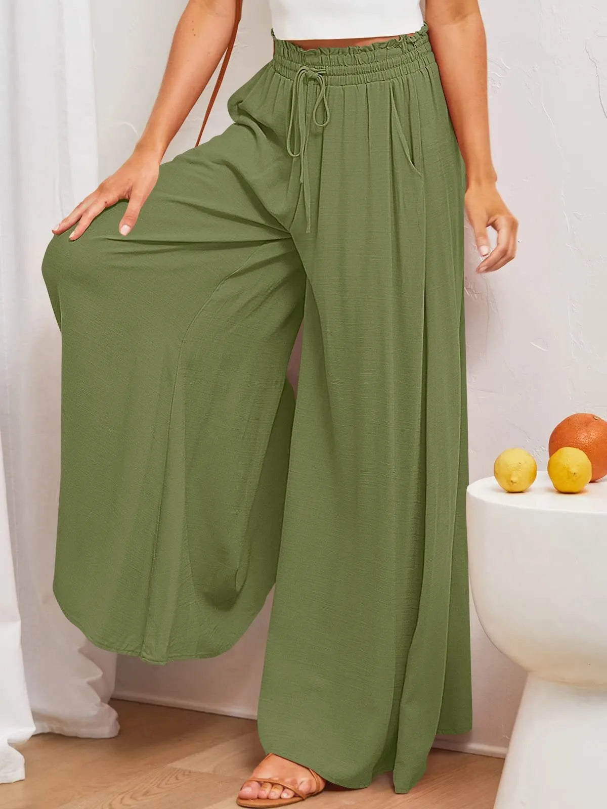Women's Elastic Long Palazzo Pants Casual Urban Style Tie Detail Polyester Blend Woman Clothes Female Clothing Women's And