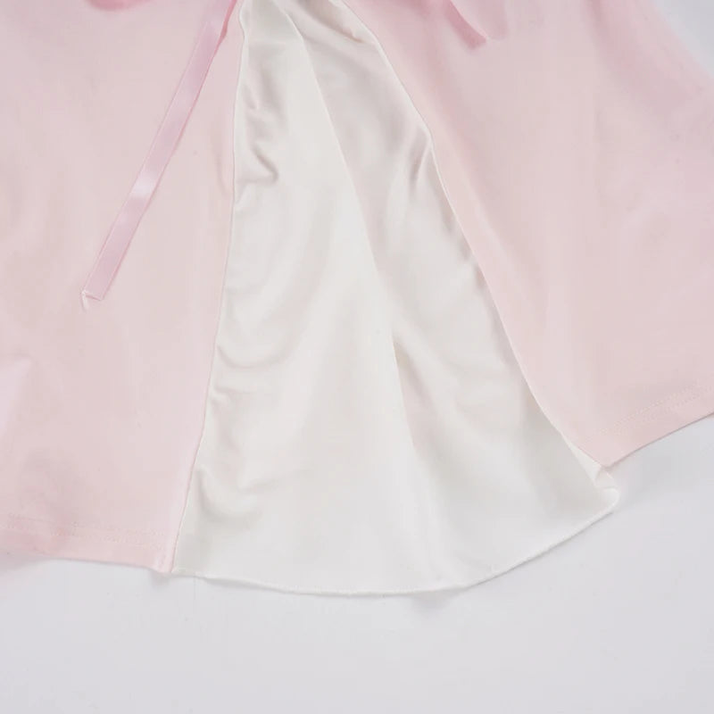 [RUOKE] Casual Y2K Contrast Color Top Women Spring Summer Square Neck Puff Sleeve Bow Slim A-line Babydoll Blouse Sweet Coquette