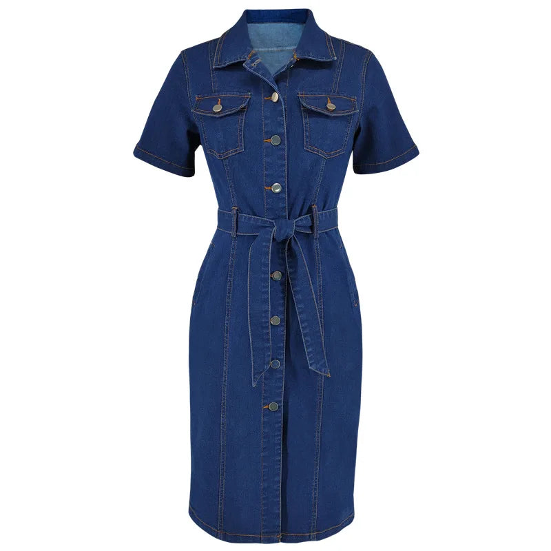 Women's V Neck Denim Dress Short Sleeve Button Front Split Hem Bodycon Jean Dress Ropa Para Mujer