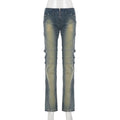 SUCHCUTE Fashion Vintage Low-Waisted Jeans for Women Y2K Streetwear Slim Denim Pants Retro Grunge Skinny Jeans All Match Clothes