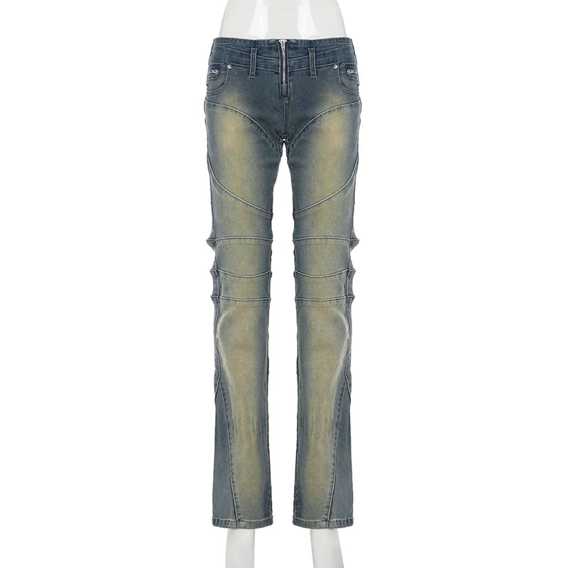 SUCHCUTE Fashion Vintage Low-Waisted Jeans for Women Y2K Streetwear Slim Denim Pants Retro Grunge Skinny Jeans All Match Clothes