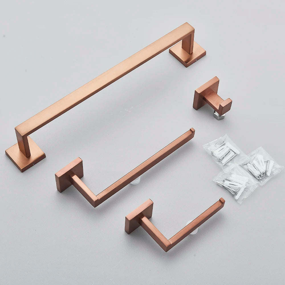 Rose Gold Bathroom Accessories Set Hardware Paper Holder Towel Bar Rack Rail Rod Robe Hook Hanger Wall Mount Brushed Rose Gold