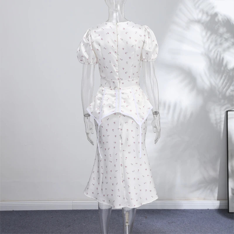 Elegant Women's Printed Waistband Stain Long Dress Slim Waist Cinched Bubble Sleeve Dresses 2026 Spring Summer Party Robes