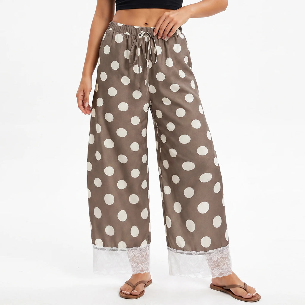 Women Y2K Retro Polka Dot Pants Lace Hem Elastic High Waist Drawstring Loose Fit Trousers Sweet French Style Vacation Bottoms